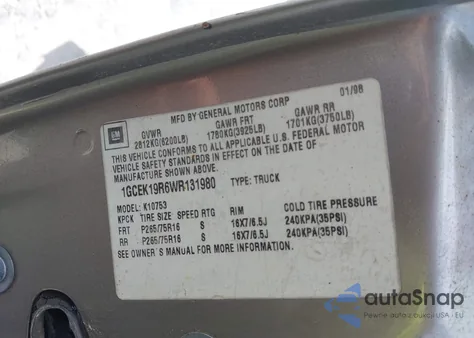 1998 Chevrolet K1500 Fleetside z USA, uszkodzony, nr VIN 1GCEK19R6WR131980